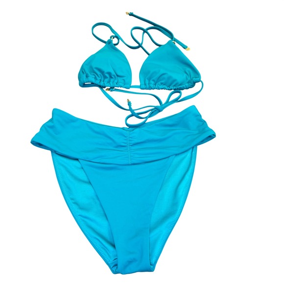 Victoria's Secret Other - Victorias Secret Turquoise Blue‎ Triangle Bikini Top High Waist Ruched Bottom XS